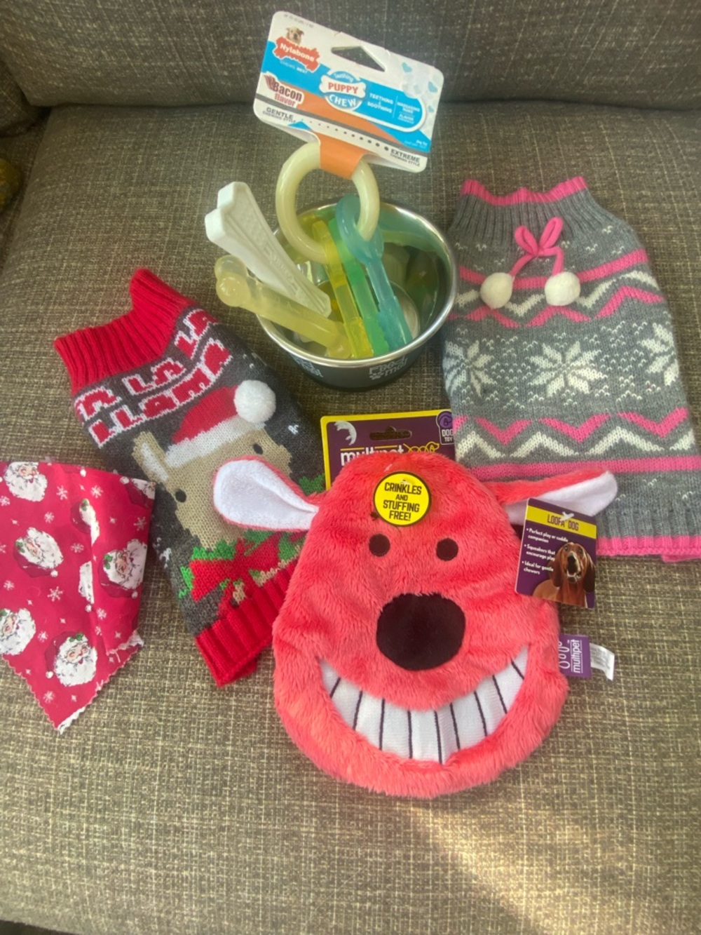 Small Dog or Puppy Bundle of Toys Sweaters Bowl Mostly New